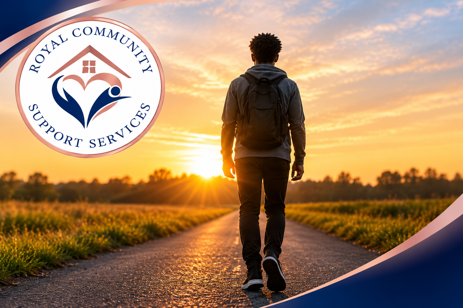 A teen walking toward a bright sunset on an open road, representing the journey of recovery with Royal Community Support Services